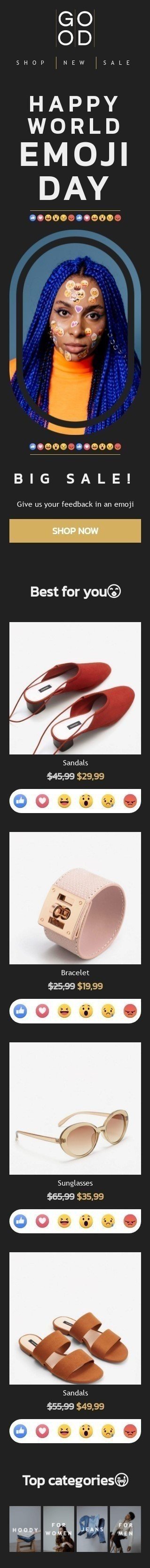 World Emoji Day Email Template "Give us your feedback in an emoji" for Fashion industry mobile view