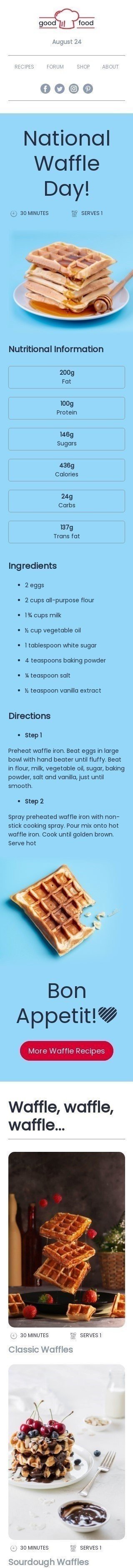 Modelo de E-mail de «Compartilhe sua receita de waffle» de Dia Nacional do Waffle para a indústria de Alimentação Visualização de dispositivo móvel