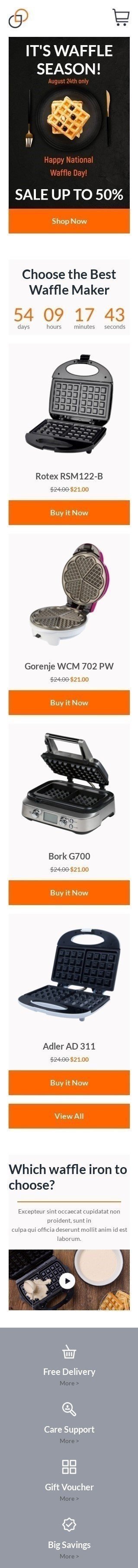 Modelo de E-mail de «Melhor máquina de waffles» de Dia Nacional do Waffle para a indústria de Gadgets Visualização de dispositivo móvel