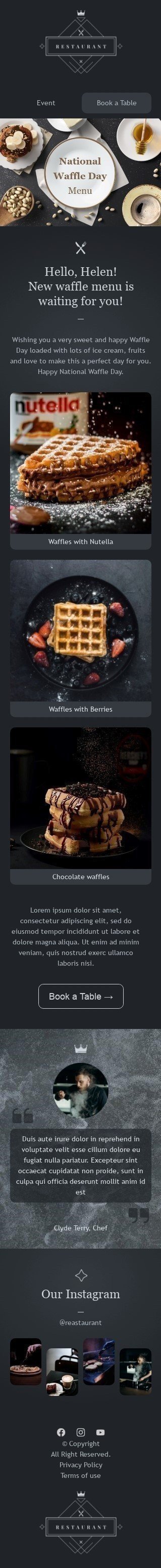 Plantilla de correo electrónico «Nuevo menú de gofres» de Día Nacional del Waffle para la industria de Gastronomía Vista de móvil