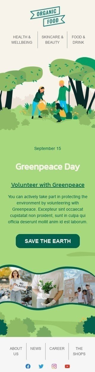 Modèle de courrier électronique Greenpeace Day «Volontaire avec Greenpeace» pour le secteur Produits Bio & Écolo Affichage mobile