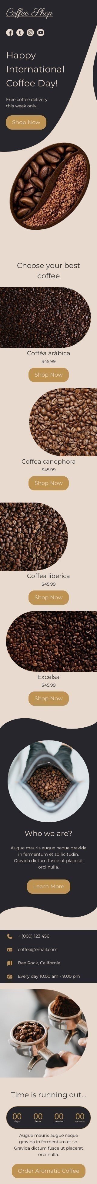 Modèle de courrier électronique Journée internationale du café «Choisissez votre meilleur café» pour le secteur Boissons Affichage mobile
