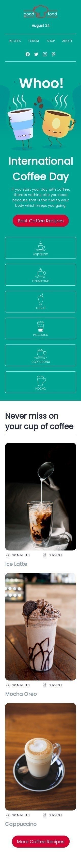 Modello Email Giornata internazionale del caffè «Le migliori ricette di caffè» per il settore industriale di Cibo Visualizzazione mobile