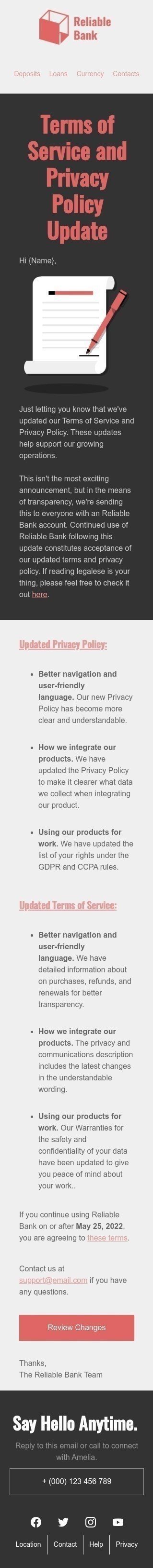 Terms of Service Email Template "Terms of Service and Privacy Policy Update" for Finance industry mobile view