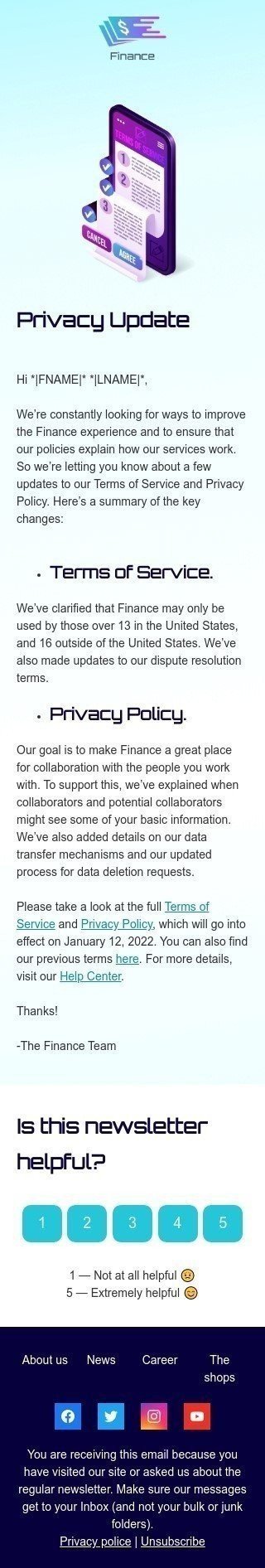 Modèle de courrier électronique Conditions d'utilisation «Mise à jour de la confidentialité» pour le secteur Finance Affichage mobile