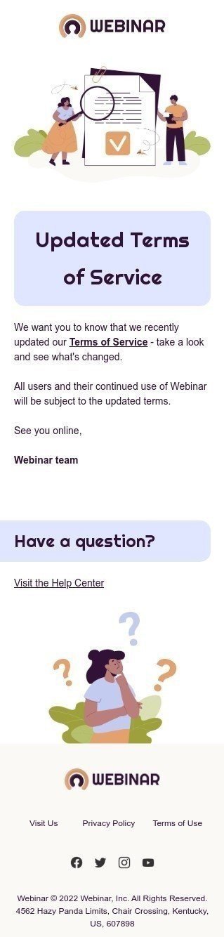 Modèle de courrier électronique Conditions d'utilisation «Conditions d'utilisation mises à jour» pour le secteur Webinars Affichage mobile