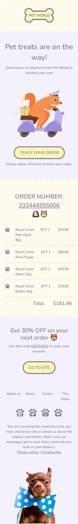 Delivery Email Template "Pet treats are on the way" for Pets industry mobile view
