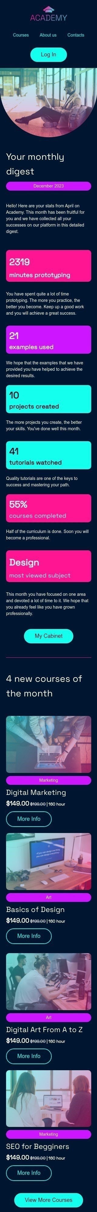 Newsletters email template "Your monthly digest" for education industry mobile view