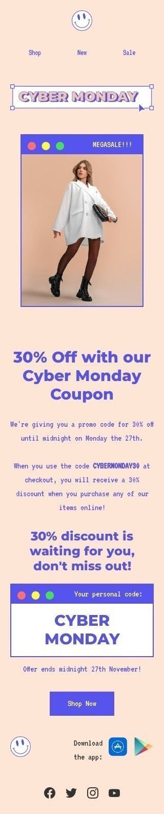 Cyber Monday email template "Our Cyber Monday coupon" for fashion industry mobile view