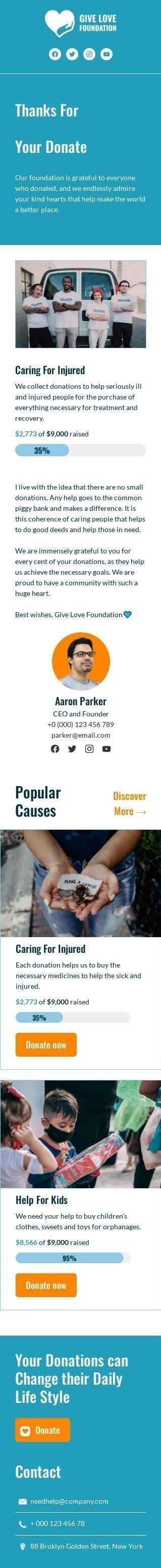 Modèle de courrier électronique remerciement «Merci pour votre don» pour le secteur association à but non lucratif et caritative Affichage mobile