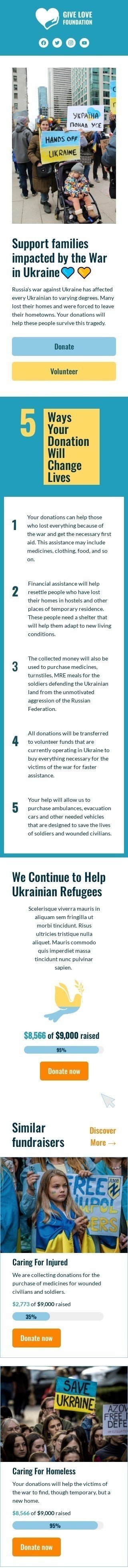 Promo email template "We continue to help ukrainian refugees" for nonprofit industry mobile view