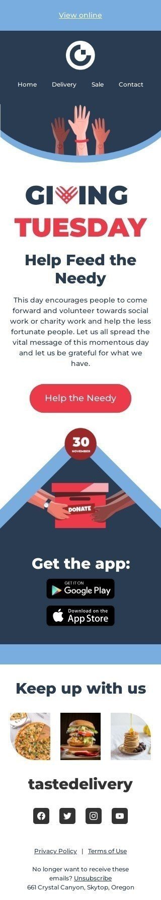 Dienstag geben E-Mail-Vorlage «Helfen Sie den Bedürftigen» für Gemeinnützig & Wohltätigkeit-Branche Ansicht auf Mobilgeräten
