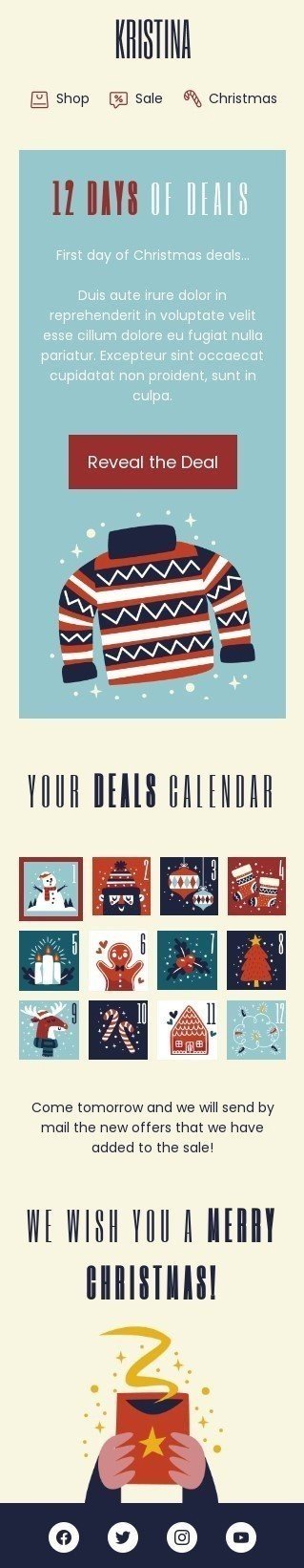 Christmas email template "12 days of deals" for fashion industry mobile view