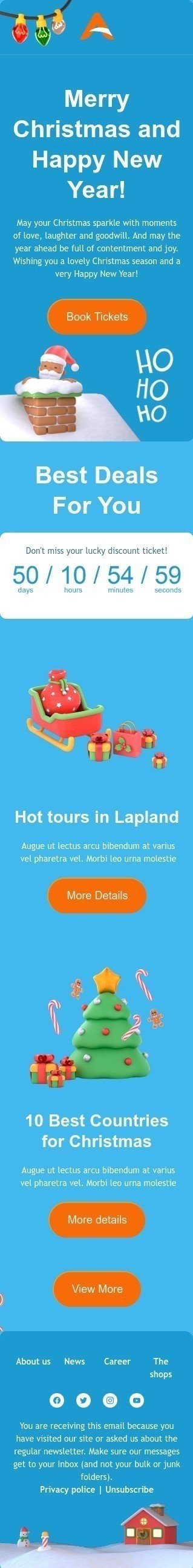 Weihnachten E-Mail-Vorlage «Heiße Touren in Lappland» für Fluggesellschaft-Branche Ansicht auf Mobilgeräten