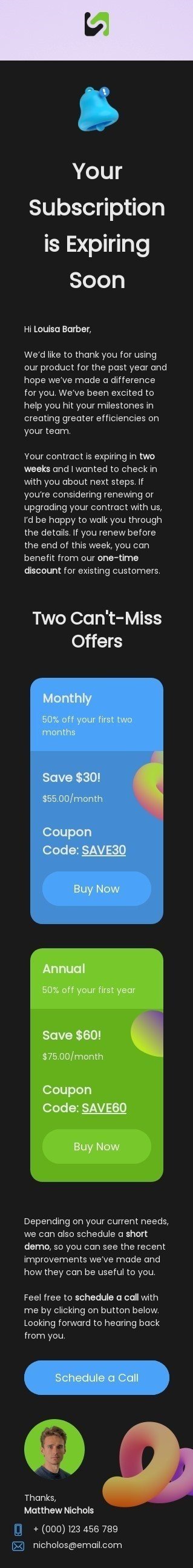Promo email template "Subscription is expiring soon" for business industry mobile view