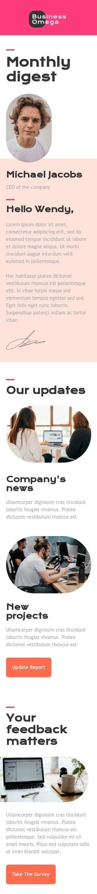 Promo email template «News from Omega» for business industry mobile view