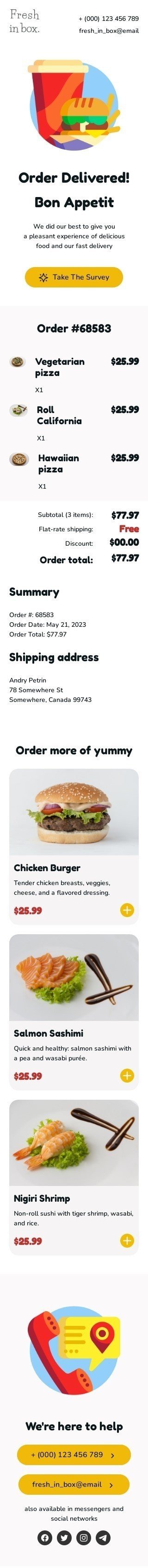 Шаблон листа «Замовлення доставлено» тематики тригерні для індустрії «Їжа» мобільний вигляд