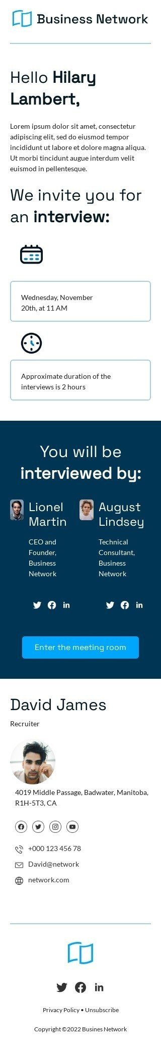 Promo email template "We invite you for an interview" for business industry mobile view