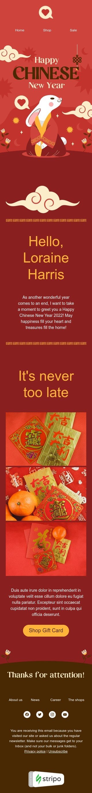 Chinese New Year email template "It's never too late" for books & presents & stationery industry mobile view
