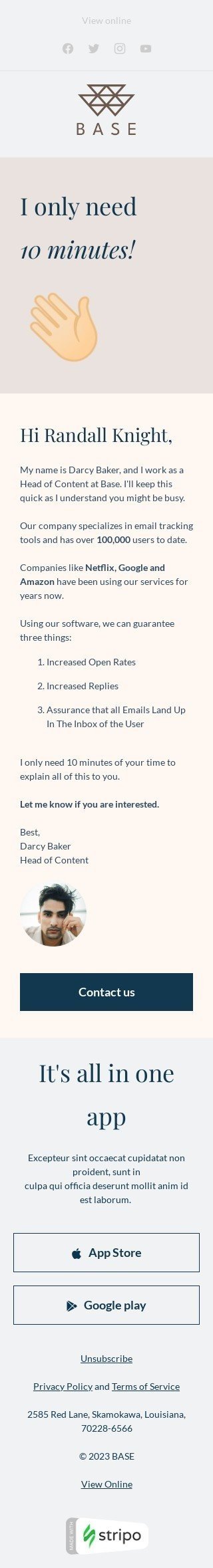 Outreach email template "I only need 10 minutes" for fashion industry mobile view