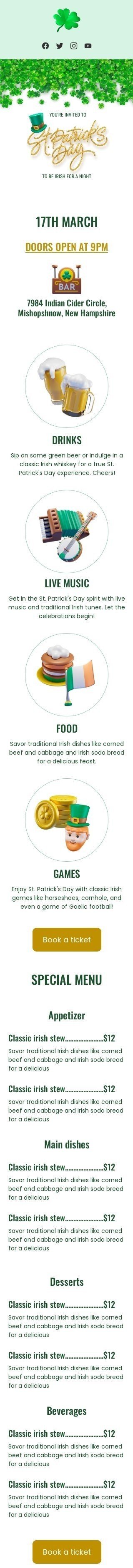 Modelo de E-mail de «Ser irlandês por uma noite» de Dia de São Patrício para a indústria de Restaurantes Visualização de dispositivo móvel