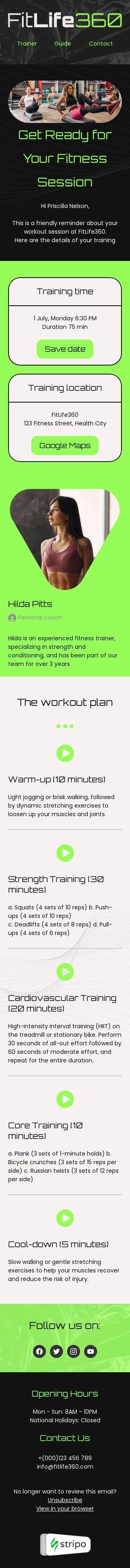 Confirmation email template "Workout reminder" for health and wellness industry mobile view