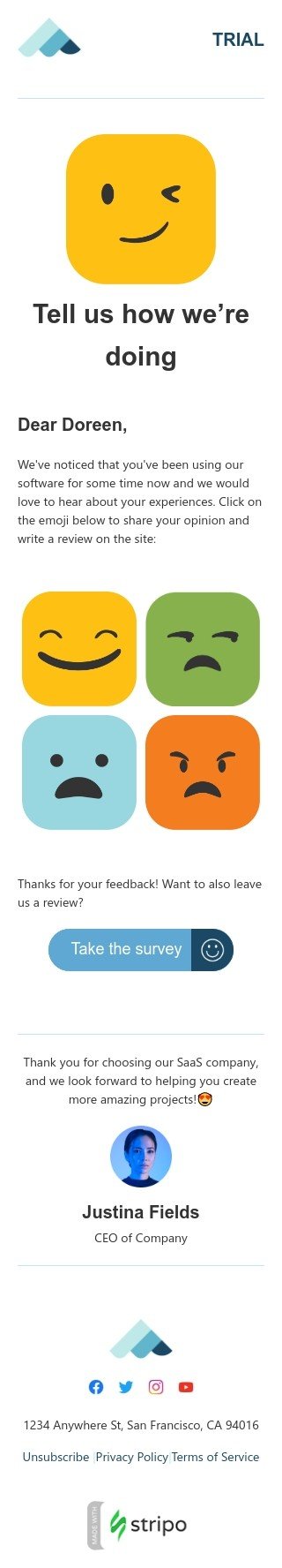 Modello email SaaS «Il tuo feedback è importante!» per il settore industriale di commercio Visualizzazione mobile