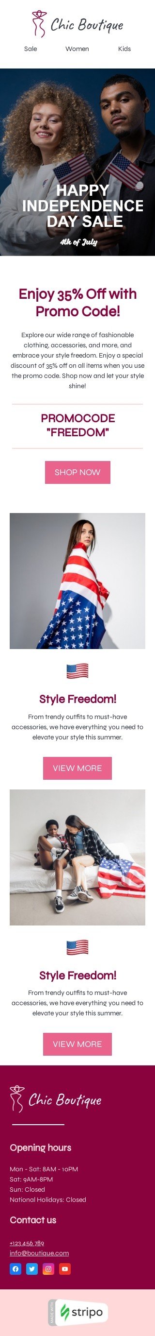 Modèle de courrier électronique Jour de Independence «Liberté de style» pour le secteur mode Affichage mobile