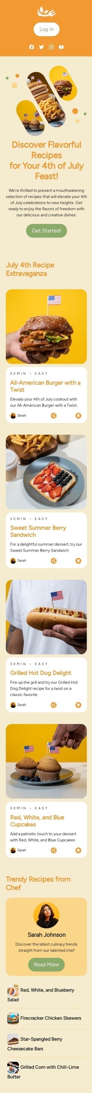 Modello email Giorno dell’Indipendenza «Stravaganza della ricetta del 4 luglio» per il settore industriale di cibo Visualizzazione mobile