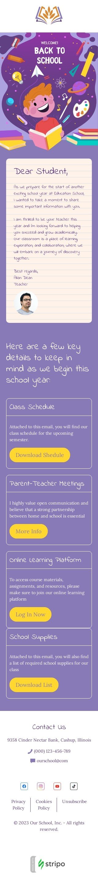 Back to school email template "Important information inside" for education industry mobile view