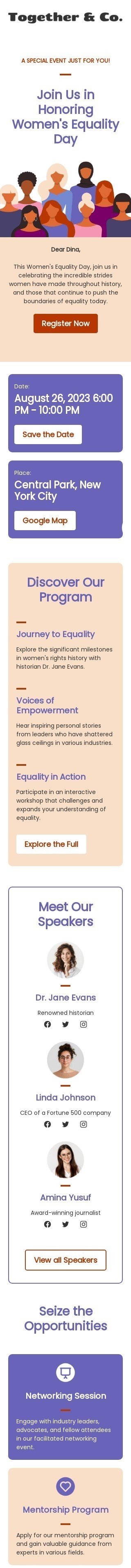 Der Tag der Gleichstellung der Frau E-Mail-Vorlage «Reise zur Gleichberechtigung» für Hobbys-Branche Ansicht auf Mobilgeräten