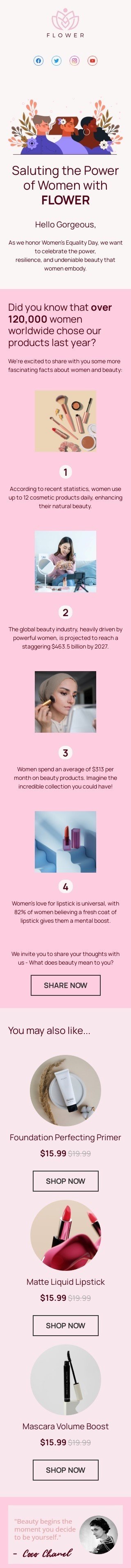 Modelo de e-mail de «Saudando o poder das mulheres» de Dia Internacional da Igualdade Feminina para a indústria de beleza e cuidados pessoais Visualização de dispositivo móvel