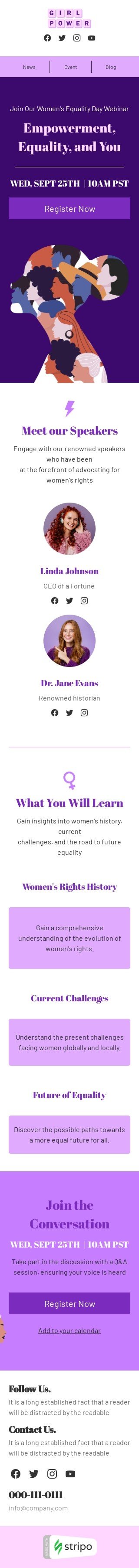 Women's Equality Day email template "Empowerment, equality, and you" for webinars industry mobile view