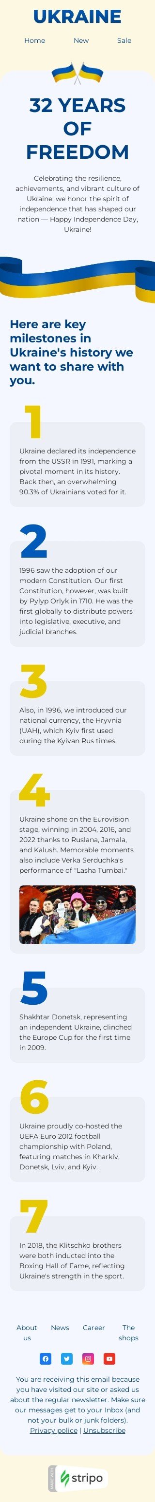 Шаблон листа до свята День Незалежності України «32 роки свободи» для індустрії «Дизайн шаблонів для некомерційних email-кампаній» мобільний вигляд