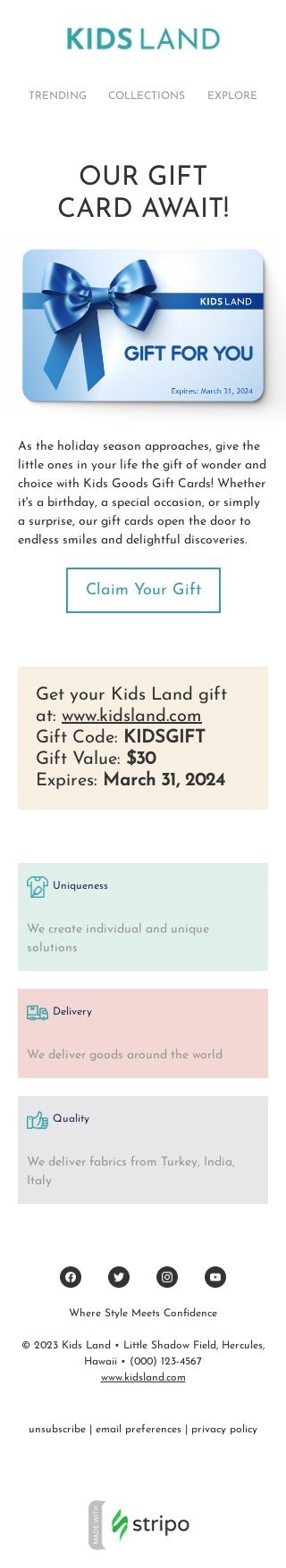 Gift сard email template "Our gift card await!" for kids goods industry mobile view