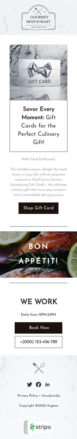 Geschenkkarte E-Mail-Vorlage «Genießen Sie jeden Moment» für Restaurants-Branche Ansicht auf Mobilgeräten