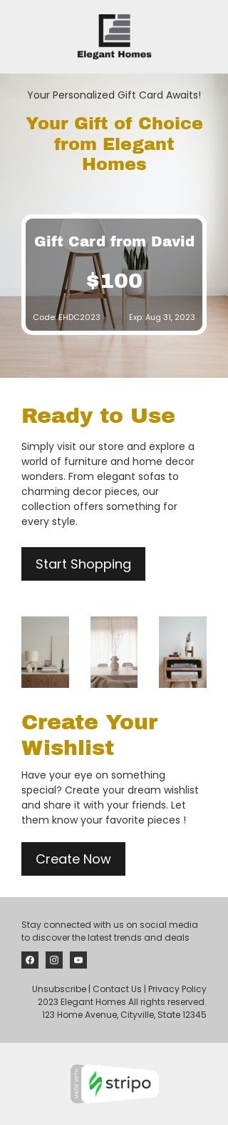 Gift сard email template "Ready to use" for furniture, interior & DIY industry mobile view