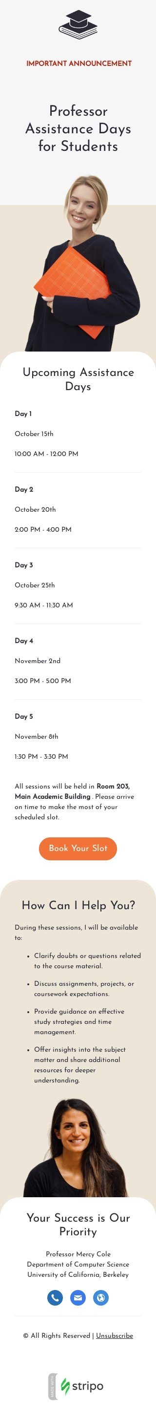 Confirmation email template "Assistance days" for professor email industry mobile view