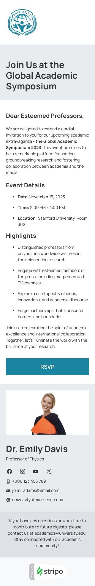 Events E-Mail-Vorlage «Globales akademisches Symposium» für Academia-Branche Ansicht auf Mobilgeräten