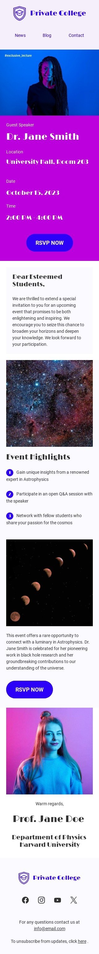 Events E-Mail-Vorlage «Exklusiver Vortrag» für Academia-Branche Ansicht auf Mobilgeräten