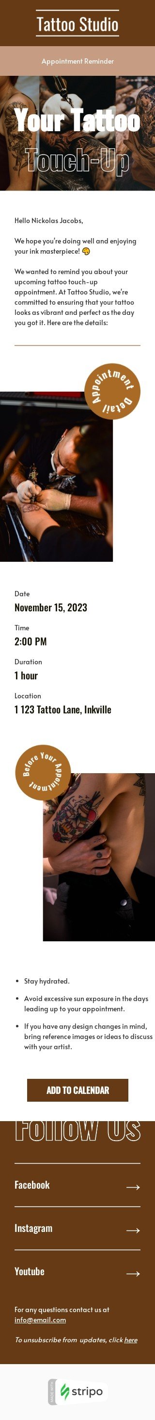 Events email template "Tattoo touch-up" for tattoo industry mobile view