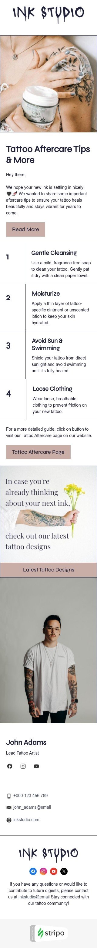 Plantilla de correo electrónico «Consejos para el cuidado posterior del tatuaje y más» de boletines para la industria de tatuajes Vista de móvil
