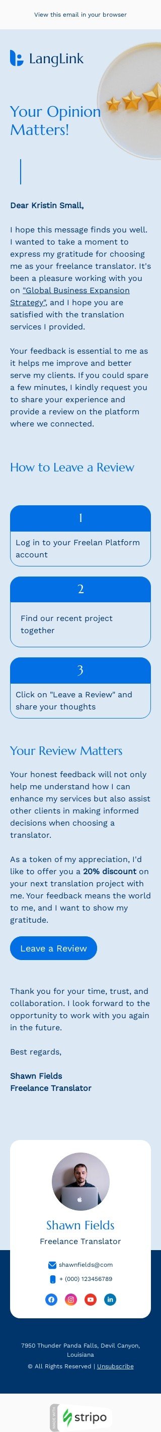 Modello email sondaggi e feedback «La tua opinione conta» per il settore industriale di traduzione Visualizzazione mobile
