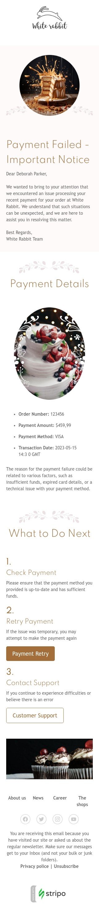 Order confirmation email template "Payment failed" for baking industry mobile view