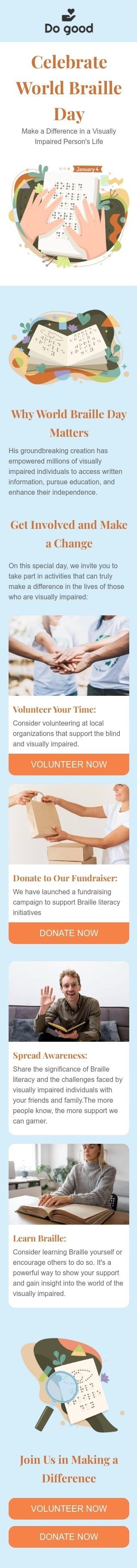 Plantilla de correo electrónico «Hacer un cambio» de Día Mundial del Braille para la industria de sin fines de lucro y caridad Vista de móvil