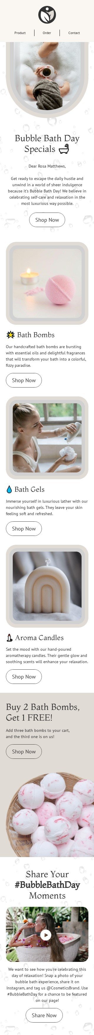 Plantilla de correo electrónico «Momentos del Día del Baño de Burbujas» de Día del Baño de Burbujas para la industria de belleza y cuidado personal Vista de móvil