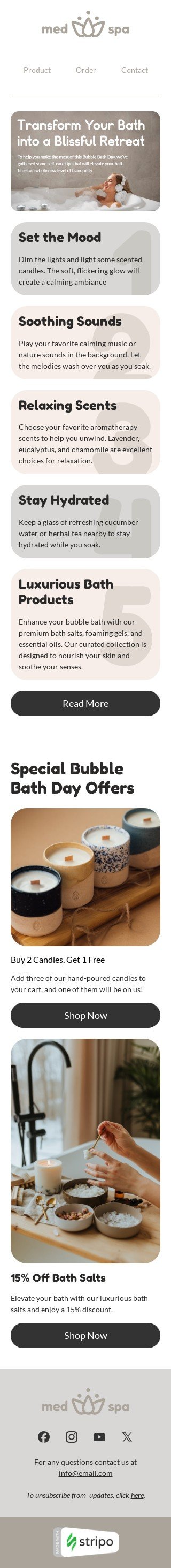 Bubble Bath Day email template "Transform your bath" for health and wellness industry mobile view