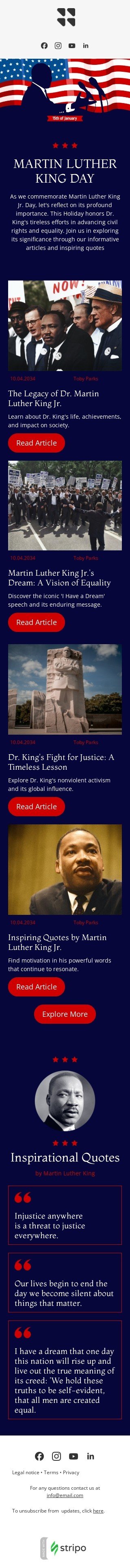 Modello email Martin Luther King Day «Scopri il significato» per il settore industriale di editoria e blog Visualizzazione mobile