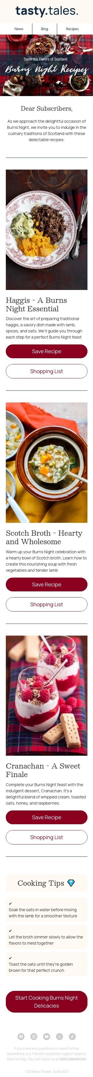 Plantilla de correo electrónico «Recetas de Noche de Burns» de Noche de Burns para la industria de gastronomía Vista de móvil