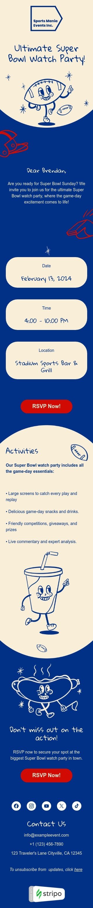 Super Bowl E-Mail-Vorlage «Super-Bowl-Watch-Party» für hobbys-Branche Ansicht auf Mobilgeräten